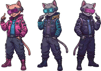 Futuristic cyberpunk cats in neon jackets and VR glasses standing confidently in digital sci-fi character illustration
