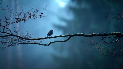 singing. A nightingale singing on a moonlit branch in a serene, misty forest. wildlife magazines, conservation campaigns, designed for nature documentaries and education, used by recruiters.