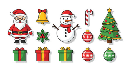 Festive Christmas Icons Santa Snowman Tree Gifts Ornaments and Bell.