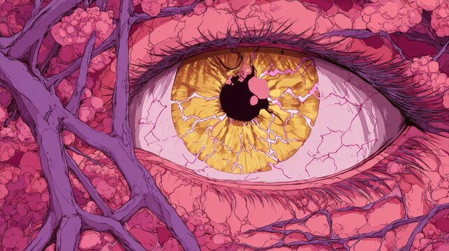 Close-up of detailed human eye with vibrant colors and intricate vessels