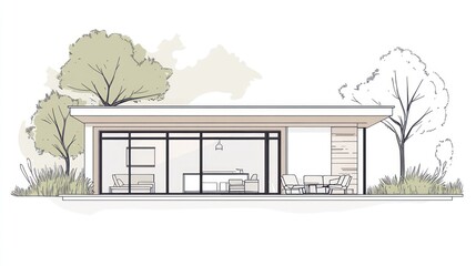 Modern house exterior design, open plan living, backyard view, trees, landscape architecture