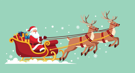 Santa Claus riding a sleigh pulled by reindeer delivering gifts during Christmas.