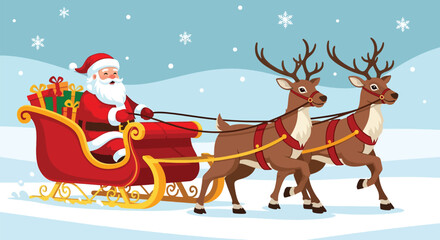 Santa Claus riding a sleigh pulled by two reindeer through a snowy landscape. © NFS Studio
