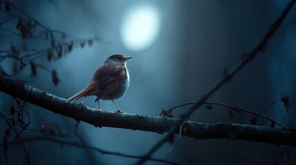 singing. A nightingale singing on a moonlit branch in a serene, misty forest. wildlife magazines, conservation campaigns, designed for nature documentaries and education, used by recruiters.