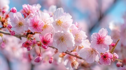 Fototapeta premium Delicate pink cherry blossoms flourish signaling the arrival of spring on a bright day.