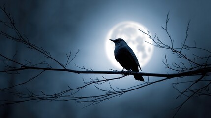 singing. A nightingale singing on a moonlit branch in a serene, misty forest. wildlife magazines, conservation campaigns, designed for nature documentaries and education, used by recruiters.