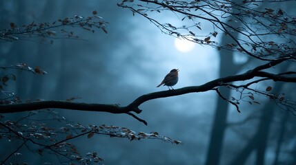 singing. A nightingale singing on a moonlit branch in a serene, misty forest. wildlife magazines, conservation campaigns, designed for nature documentaries and education, used by recruiters.