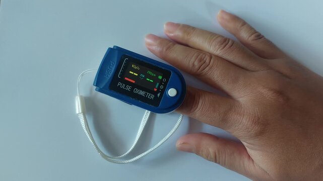 person&rsquo;s hand wearing a blue fingertip pulse oximeter showing oxygen saturation and pulse rate on the digital screen, placed on a white background