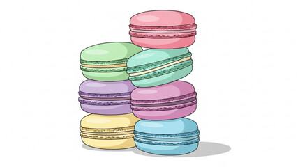 A delightful stack of colorful macarons, , showcasing a tempting assortment of pastel shades and delicate textures in a sweet arrangement