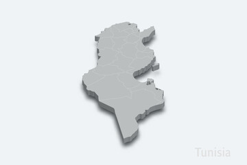 Tunisia 3d map with borders regions