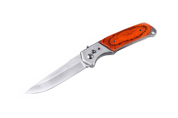 folding penknife with wooden handle on white background