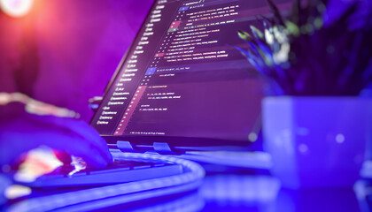 Colorful coding workspace with hand on keyboard