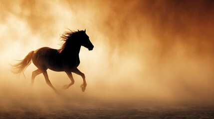 galloping. A majestic stallion galloping through desert haze, mane flowing in sunset light. inspiring travel planning, wildlife magazines, designed for eco-tourism storytelling.