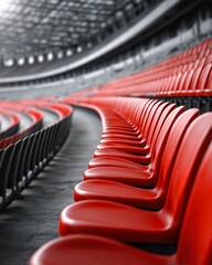 Fototapeta premium Stadium Seating: A modern stadium showcases rows of vibrant red seating, creating a striking visual contrast against the muted tones of the architecture.