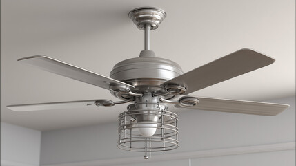 A brushed silver ceiling fan with four blades and a caged light fixture against a white ceiling