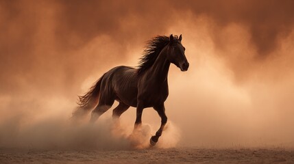 galloping. A majestic stallion galloping through desert haze, mane flowing in sunset light. inspiring travel planning, wildlife magazines, designed for eco-tourism storytelling.