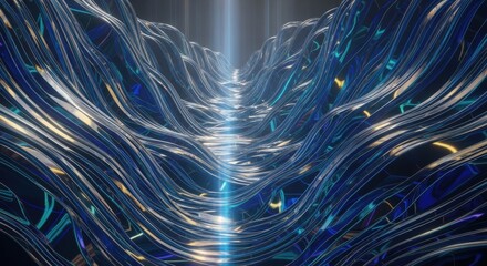 Abstract digital art showcasing an undulating landscape of intertwining blue and metallic lines with glowing highlights, creating a futuristic and dynamic visual effect.