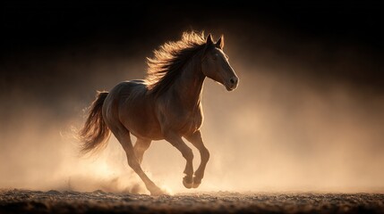 galloping. A majestic stallion galloping through desert haze, mane flowing in sunset light. inspiring travel planning, wildlife magazines, designed for eco-tourism storytelling.