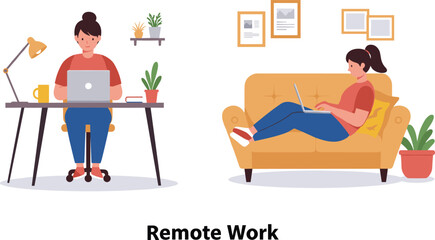 People working remotely from home using laptops on desk and sofa in modern comfortable home office illustration