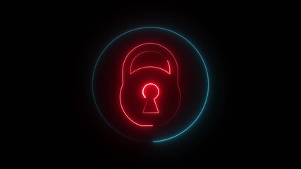 Animated red neon padlock icon with a rotating cyan circle loop, symbolizing a digital security check, verification status, or data protection process - Powered by Adobe