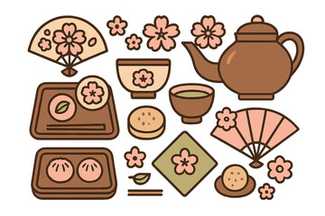 Traditional Japanese tea ceremony items and sweets with cherry blossoms and folding fans