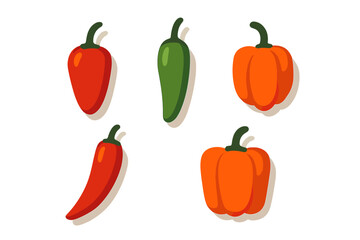 Colorful collection of hot chili peppers and sweet bell peppers on white background
