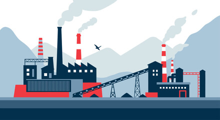 Obraz premium Industrial factory with smokestacks emitting smoke against a backdrop of stylized mountains.