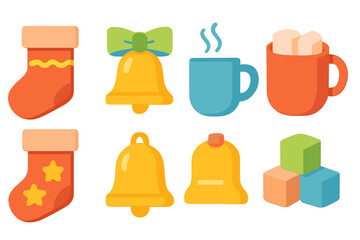 Festive winter holiday elements including stockings, bells, hot drinks, and colorful toys