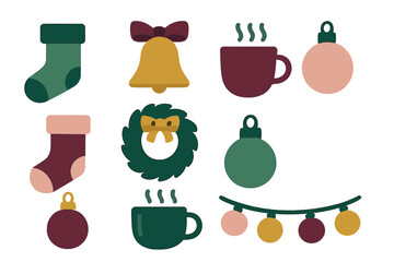 Festive Christmas and winter holiday elements collection including stockings, ornaments, bell, wreath, and hot drinks