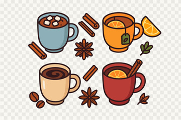 Four mugs of warm autumn and winter drinks with marshmallows, orange slices, cinnamon, and star anise