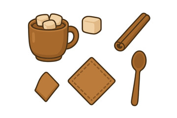 Cozy hot chocolate mug with marshmallows, cinnamon stick, and wooden spoon set