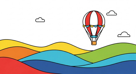 A scenic landscape featuring a hot air balloon, soaring over colorful hills, evoking a sense of adventure and wanderlust