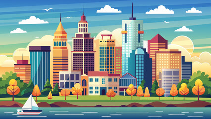 Obraz premium Very beautiful, sunrise over Hartford city skyline and historic landmark buildings along Interstate I-91, viewed from Charter Oak Landing on the Connecticut River, USA, showcasing a snow-covered