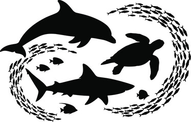 Silhouette illustration of marine life with dolphin, shark, turtle and fish swirling in dynamic ocean biodiversity scene