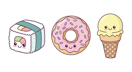 Cute kawaii sushi roll, donut, and ice cream cone adorable cartoon food characters with smiling faces for kids design