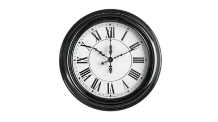 Classic roman numeral wall clock depicting time, wood finish on a white background signifying punctuality