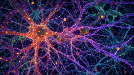 This artwork illustrates a colorful neural network with glowing cells and vibrant connections.