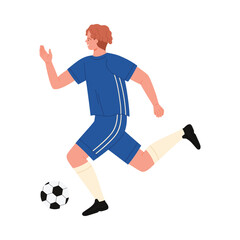 Young male soccer player in blue uniform running and kicking ball on isolated white background vector illustration