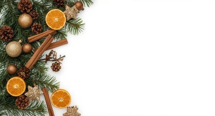 Festive holiday arrangement with pine branches, cinnamon, dried oranges and golden ornaments.