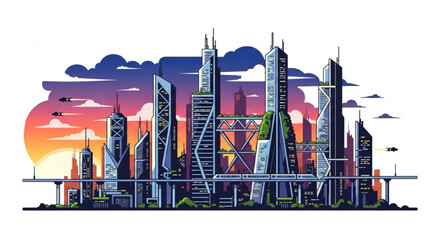 Futuristic cityscape with modern buildings, flying vehicles, and vibrant sunset urban skyline illustration for concept