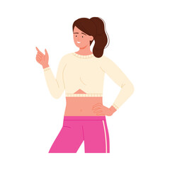 Confident young woman in casual sporty clothes pointing and smiling on isolated white background vector illustration