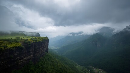 Naklejka premium Dramatic overcast sky over lush green cliffs and misty valleys creating a moody and atmospheric landscape scene