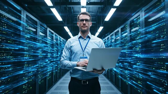 IT professional in a server room holding a laptop with digital data streams around him