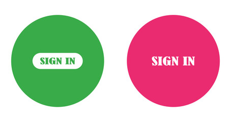 Flat vector design of two colorful circular Sign In buttons in green and pink, modern UI elements for web and mobile app interfaces