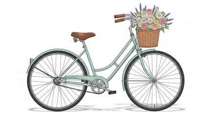 A charming vintage bicycle with a basket of flowers, evoking nostalgia and springtime beauty, featuring pastel colors and delicate details