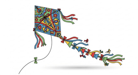 Colorful kite flying in the sky, a whimsical and playful design, perfect for childrens books, posters, and party invitations