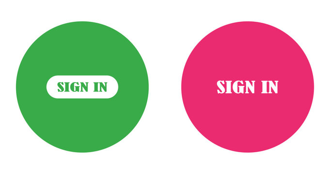 Flat vector design of two colorful circular Sign In buttons in green and pink, modern UI elements for web and mobile app interfaces