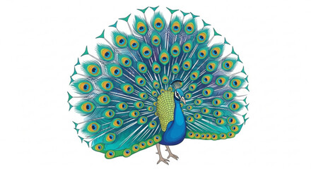 Illustration of a beautiful peacock with its tail feathers fanned out, the bird is blue, green, and yellow, and it is standing