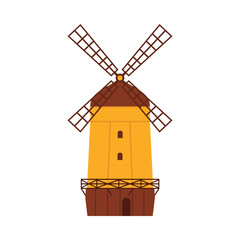 Fototapeta premium Classic Swedish windmill with brown roof and yellow walls on white isolated background vector illustration