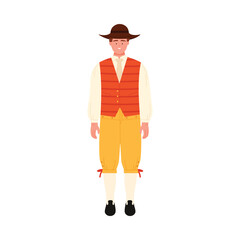 Male figure wearing classic Swedish folk attire with hat and vest on isolated white background vector illustration